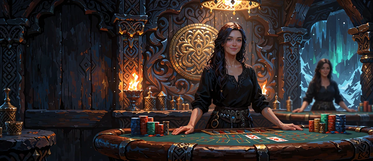 Smilende croupier ved et gr&oslash;nt bord i et live casino-studie med m&oslash;rkt tr&aelig;panel og gyldent ornament