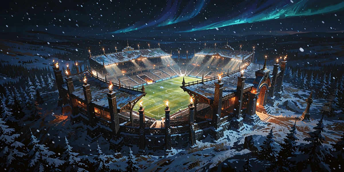 Oplyst fodboldstadion mellem sned&aelig;kkede grantr&aelig;er under gr&oslash;nt nordlys - odds og sportsbetting hos Godz