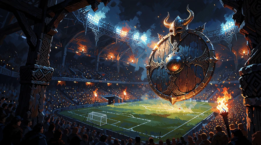 Fyldt fodboldstadion om aftenen med et vikingeskjold og hornhjelm sv&aelig;vende over banen - sportsbook hos Godz