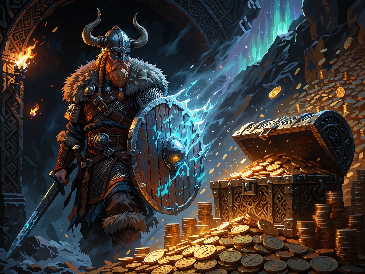 Viking med gl&oslash;dende isbl&aring;t skjold ved siden af en skattekiste fyldt med guldm&oslash;nter - Godz Casinos nordiske univers