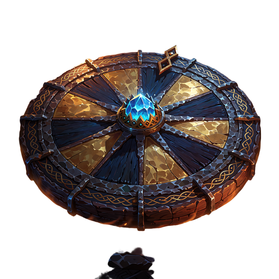 Hjul af m&oslash;rk eg og jern med tolv bl&aring; og gyldne felter omkring en gl&oslash;dende iskrystal - Wheel of Fate hos Godz